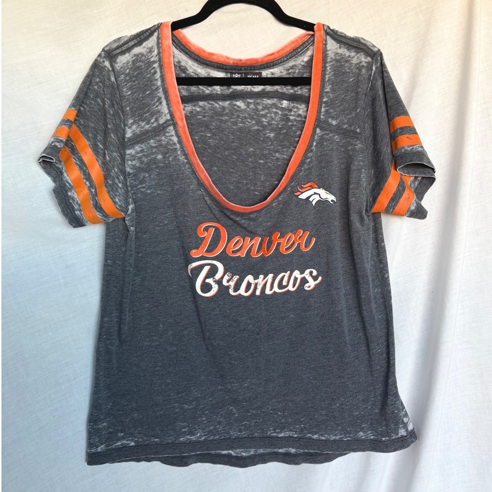 Denver Broncos T Shirt Gray Burnout Scoop Neck Football GameDay NFL Fan Gear XL